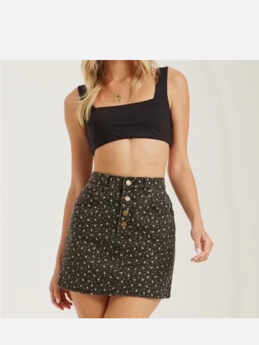 NWT Billabong Mini Denim Skirt Cute As A Button Floral Print Button Fly Size 30